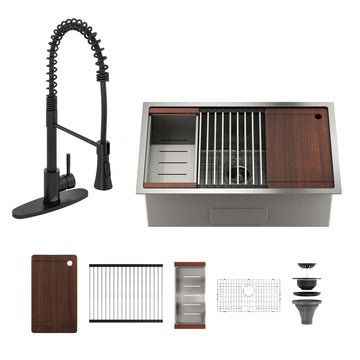 36'' Stainless Steel Kitchen Sink Faucet Sets, Kitchen Undermount Single Bowl with Cutting Board, Roller Blind, Drain Basket, Drain Grid and Drainer