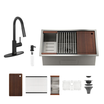 30'' Stainless Steel Kitchen Sink Faucet Set, Kitchen Sink and Pull-Down Kitchen Faucet with Cutting Board, Roller Blind, Drain Basket, Drain Grid and Drainer