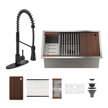 30'' Stainless Steel Kitchen Sink Faucet Sets, Kitchen Undermount Single Bowl with Cutting Board, Roller Blind, Drain Basket, Drain Grid and Drainer