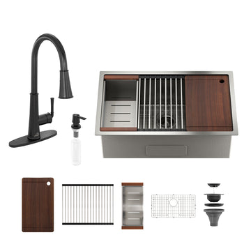 32''x 19'' Stainless Steel Kitchen Sink Faucet Sets, Kitchen Undermount Single Bowl with Cutting Board, Roller Blind, Drain Basket, Drain Grid and Drainer