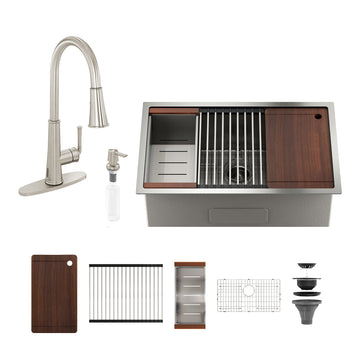 32''x 19'' Stainless Steel Kitchen Sink Faucet Sets, Kitchen Undermount Single Bowl with Cutting Board, Roller Blind, Drain Basket, Drain Grid and Drainer