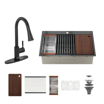 33'' Stainless Steel Kitchen Sink Faucet Set, Kitchen Sink and Pull-Down Kitchen Faucet with Cutting Board, Roller Blind, Drain Basket, Drain Grid and Drainer