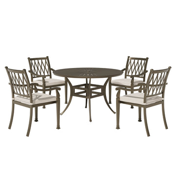 5 Piece Outdoor Patio Dining Set, Round Table and 4 Dining Chairs, Beige Cushion