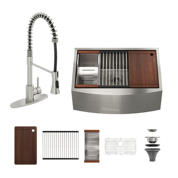 33''x 22'' Stainless Steel Kitchen Sink and Pull-Down Kitchen Faucet Set with Cutting Board, Roller Blind, Drain Basket, Drain Grid and Drainer