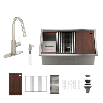30'' Stainless Steel Kitchen Sink Faucet Set, Kitchen Sink and Pull-Down Kitchen Faucet with Cutting Board, Roller Blind, Drain Basket, Drain Grid and Drainer