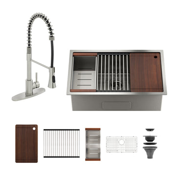 32'' Stainless Steel Kitchen Sink Faucet Sets, Kitchen Undermount Single Bowl with Cutting Board, Roller Blind, Drain Basket, Drain Grid and Drainer