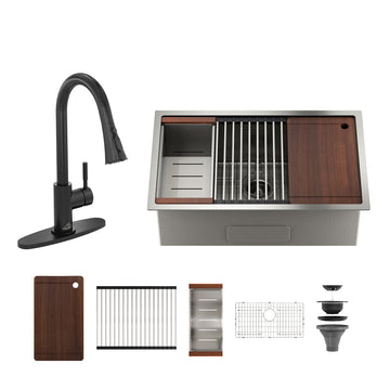 32''x 19'' Kitchen Sink Faucet Sets, Stainless Steel Kitchen Undermount Single Bowl with Cutting Board, Roller Blind, Drain Basket, Drain Grid and Drainer