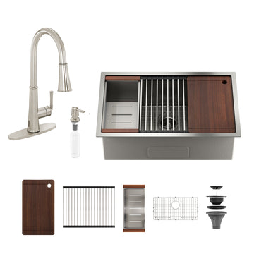 36'' Stainless Steel Kitchen Sink Faucet Set, Kitchen Sink and Pull-Down Kitchen Faucet with Cutting Board, Roller Blind, Drain Basket, Drain Grid and Drainer