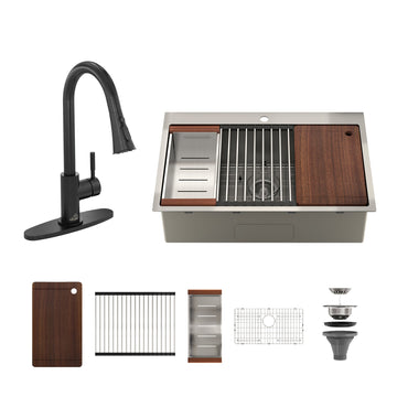33'' Stainless Steel Kitchen Sink Faucet Sets, Kitchen Undermount Single Bowl with Cutting Board, Roller Blind, Drain Basket, Drain Grid and Drainer