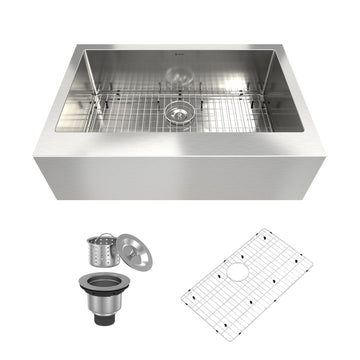 33 Inch Stainless Steel Brushed Kitchen Manual Sink, Straight Edge Apron, Large Single Grooves