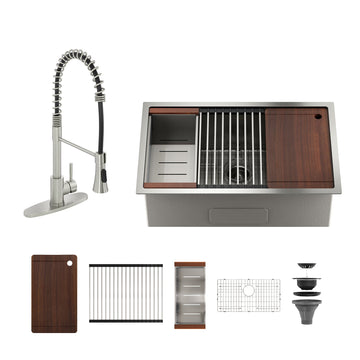 30'' Stainless Steel Kitchen Sink Faucet Sets, Kitchen Undermount Single Bowl with Cutting Board, Roller Blind, Drain Basket, Drain Grid and Drainer