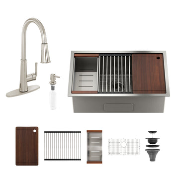 36''x 19'' Stainless Steel Kitchen Sink Faucet Sets, Kitchen Undermount Single Bowl with Cutting Board, Roller Blind, Drain Basket, Drain Grid and Drainer