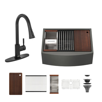 33''x 22'' Stainless Steel Kitchen Sink and Kitchen Faucet Set with Cutting Board, Roller Blind, Drain Basket, Drain Grid and Drainer