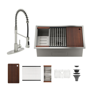 36'' Stainless Steel Kitchen Sink Faucet Sets, Kitchen Undermount Single Bowl with Cutting Board, Roller Blind, Drain Basket, Drain Grid and Drainer