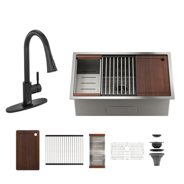 36''x 19'' Kitchen Sink Faucet Sets, Stainless Steel Kitchen Undermount Single Bowl with Cutting Board, Roller Blind, Drain Basket, Drain Grid and Drainer