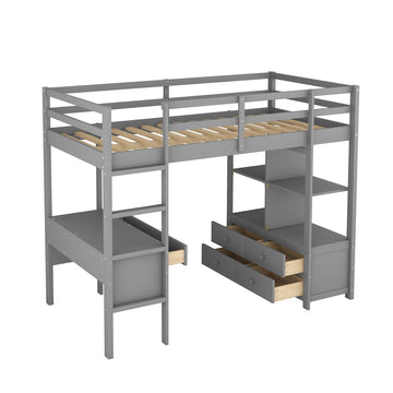 Twin  Size Loft Bed with Built-in Desk with Two Drawers, and Storage Shelves and Drawers