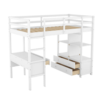 Twin  Size Loft Bed with Built-in Desk with Two Drawers, and Storage Shelves and Drawers