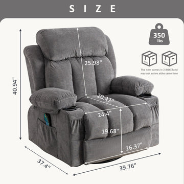 Swinging Velvet Recliner Massage Heated Sofa with USB and Cup Holder