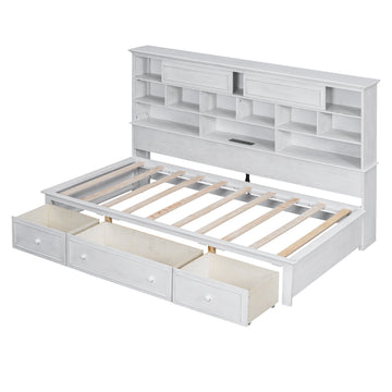 Twin Size Wood Daybed with Multi-Storage Shelves, Charging Station and 3 Drawers