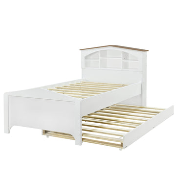 Twin Size Wood Platform Bed with House-shaped Storage Headboard and Trundle