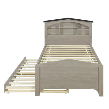 Twin Size Wood Platform Bed with House-shaped Storage Headboard and Trundle