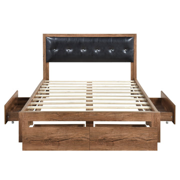 Queen Size Wood Platform Bed with Upholstered Headboard and 4 Drawers