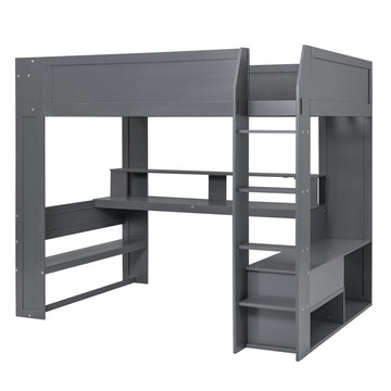 Wood Full Size Gaming Loft Bed with Desk, Multi-storage Shelves, LED and Charging Station