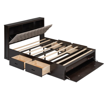 Wood Queen Size Platform Bed with Storage Headboard, shoe rack and 4 drawers