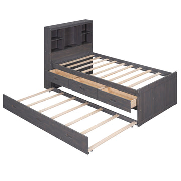 Twin Size Platform Bed with Storage Headboard, Charging Station, Twin Size Trundle and 3 Drawers