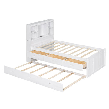 Twin Size Platform Bed with Storage Headboard, Charging Station, Twin Size Trundle and 3 Drawers