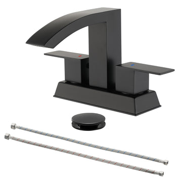Black 4 Inch Centerset Faucet SUS304 Waterfall Spout 1.2GPM Dual Handle Pop Up Drain