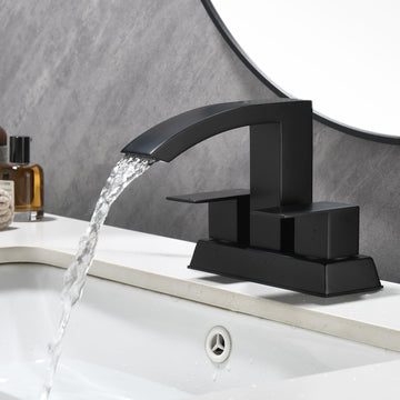 Black 4 Inch Centerset Faucet SUS304 Waterfall Spout 1.2GPM Dual Handle Pop Up Drain