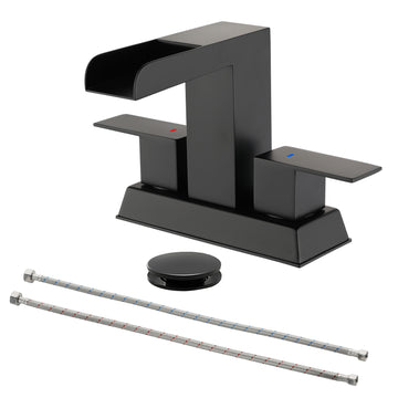 Black 4 Inch Centerset Faucet SUS304 Waterfall Spout 1.2GPM Dual Handle Pop Up Drain
