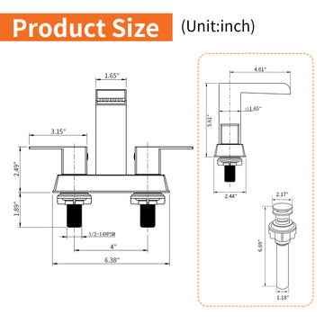 Black 4 Inch Centerset Faucet SUS304 Waterfall Spout 1.2GPM Dual Handle Pop Up Drain