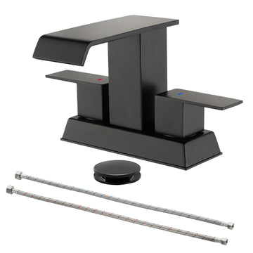 Black 4 Inch Centerset Faucet SUS304 Waterfall Spout 1.2GPM Dual Handle Pop Up Drain