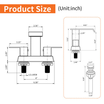 Black 4 Inch Centerset Faucet SUS304 Waterfall Spout 1.2GPM Dual Handle Pop Up Drain