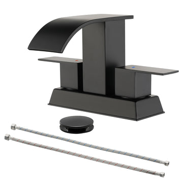 Black 4 Inch Centerset Faucet SUS304 Waterfall Spout 1.2GPM Dual Handle Pop Up Drain