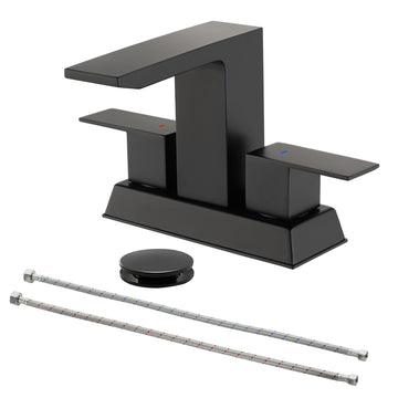 Black 4 Inch Centerset Faucet SUS304 Waterfall Spout 1.2GPM Dual Handle Pop Up Drain