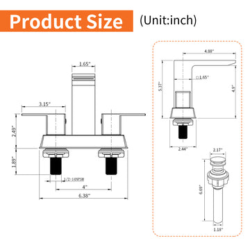 Black 4 Inch Centerset Faucet SUS304 Waterfall Spout 1.2GPM Dual Handle Pop Up Drain