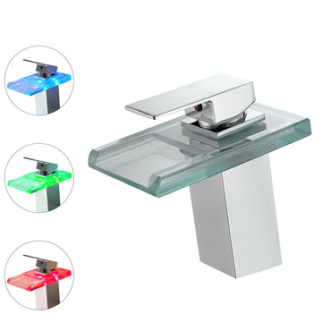 Waterfall Single Handle Single Hole Bathroom Faucet Chrome with LED Temperature Sensor and Supply Hoses Easy Install