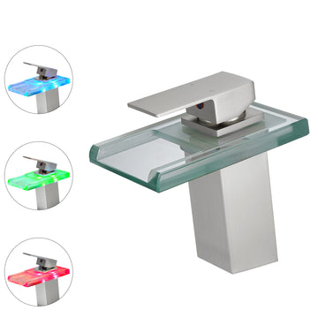 Single Handle Single Hole Bathroom Faucet Brushed Nickel with LED Temperature Sensor and Supply Hoses Easy Install