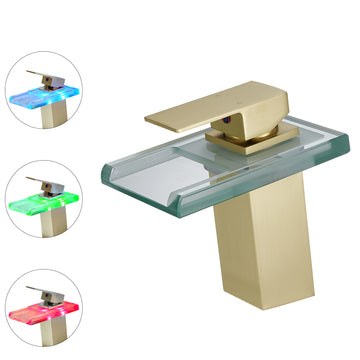 Brass Single Handle Single Hole Bathroom Faucet Brushed Gold with LED Temperature Sensor and Supply Hoses Easy Install