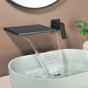 Black Wall Mount Faucet SUS304 Waterfall Spout Brass Body Single Handle 1/2NPT Thread