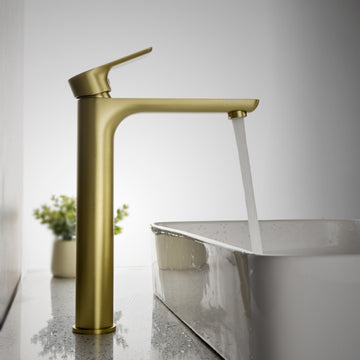 1.2 GPM Single Handle Single Hole Bathroom Faucet with Water Supply Hose and Built in Aerator in Brushed Gold Tall