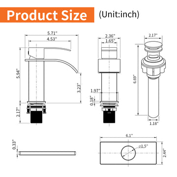 Black Faucet SUS304 Waterfall Spout cUPC Cartridge 60cm Supply Line Pop Up Drain