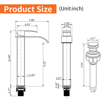 Black Faucet SUS304 Waterfall Spout cUPC Cartridge 60cm Supply Line Pop Up Drain