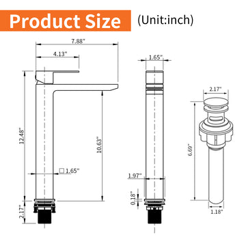 Black Faucet SUS304 Waterfall Spout cUPC Cartridge 60cm Supply Line Pop Up Drain