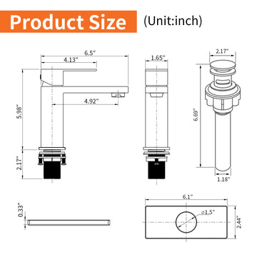 Black Faucet SUS304 Aerator Spout cUPC Cartridge 60cm Supply Line Pop Up Drain