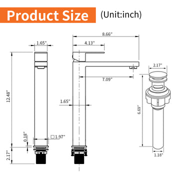 Black Faucet SUS304 Aerator Spout cUPC Cartridge 60cm Supply Line Pop Up Drain