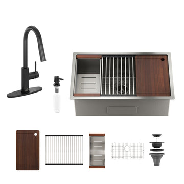 36'' Stainless Steel Kitchen Sink Faucet Set, Kitchen Sink and Pull-Down Kitchen Faucet with Cutting Board, Roller Blind, Drain Basket, Drain Grid and Drainer